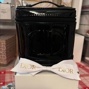 Dior Black Patent Makeup Train Case with White Gold-Logo Bow
